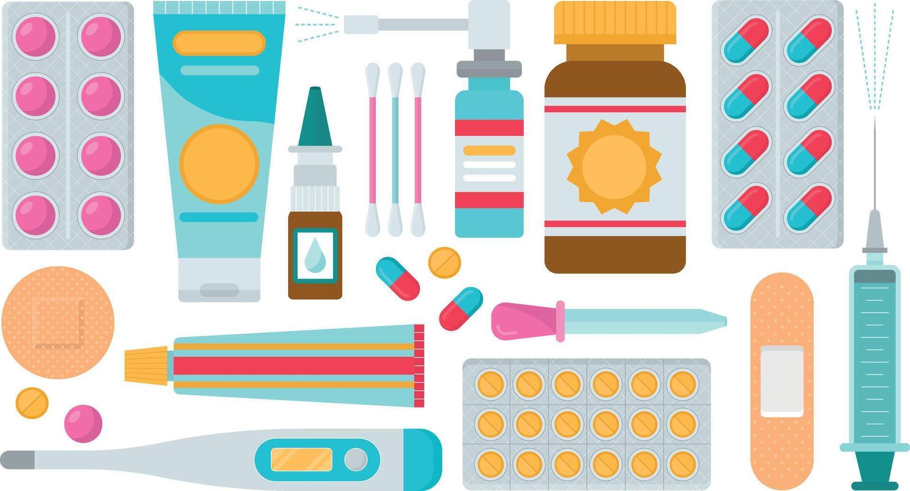 medicin, apotek, sjukhus uppsättning av läkemedel medicin, farmaci begrepp. vektor illustration