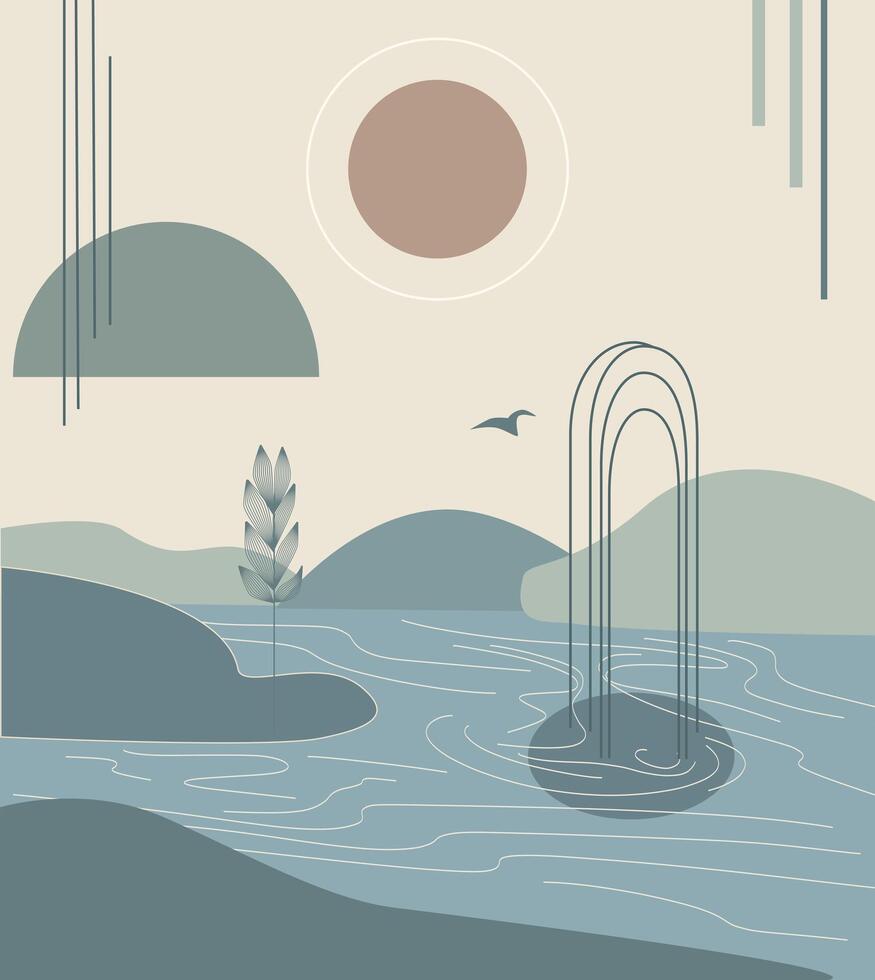 platt bakgrund lutning berg cirklar, solnedgång, abstraktion, geometri, växter, minimalism, modern design i boho stil pastell skugga för baner, kort, affisch vektor