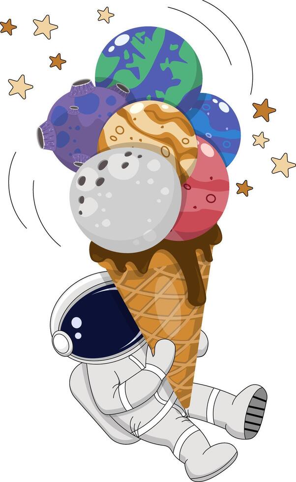 das Astronaut hält das Universum im seine Hände mögen Eis Creme. Planeten im das bilden von Eis Sahne Zapfen. Vektor Illustration Hand gezeichnet eben Stil