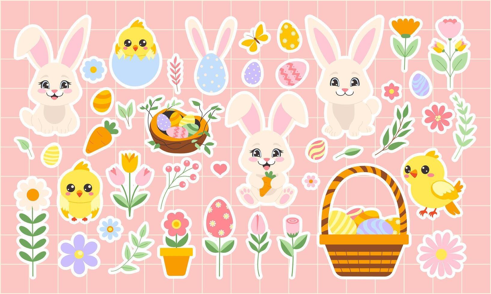 Ostern Aufkleber einstellen mit Hase, Eier, Blumen, Korb. Vektor Illustration