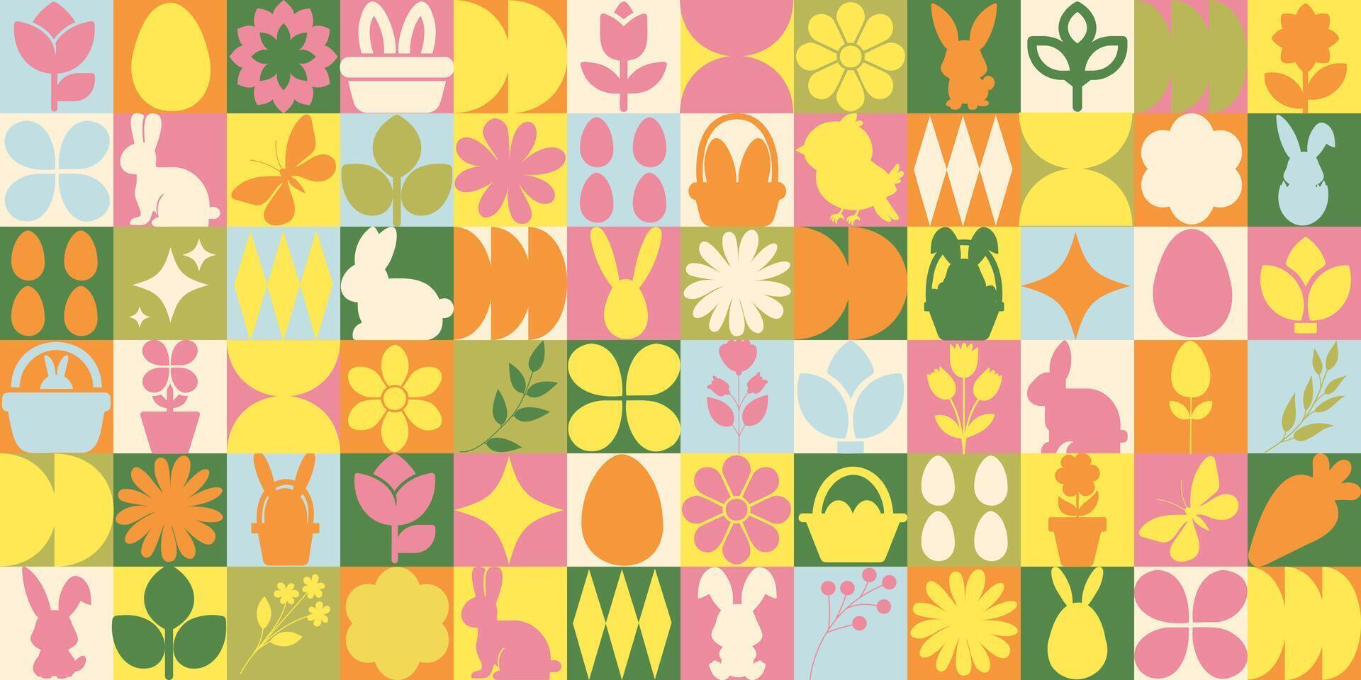 påsk ikoner element med geometrisk mönster. bauhaus stil. vektor platt design för affisch, kort, tapet, affisch, baner, förpackning. kanin, blomma, brud, ägg, korg
