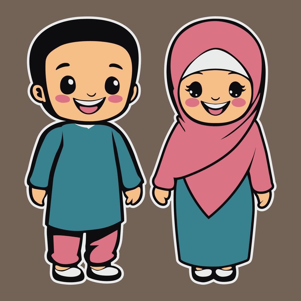 Muslim Kinder Chibi Karikatur Illustration zum religiös Veranstaltungen Zweck vektor