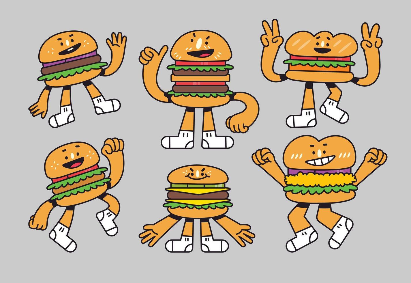 Gruppe von köstlich Burger Karikatur Charakter vektor