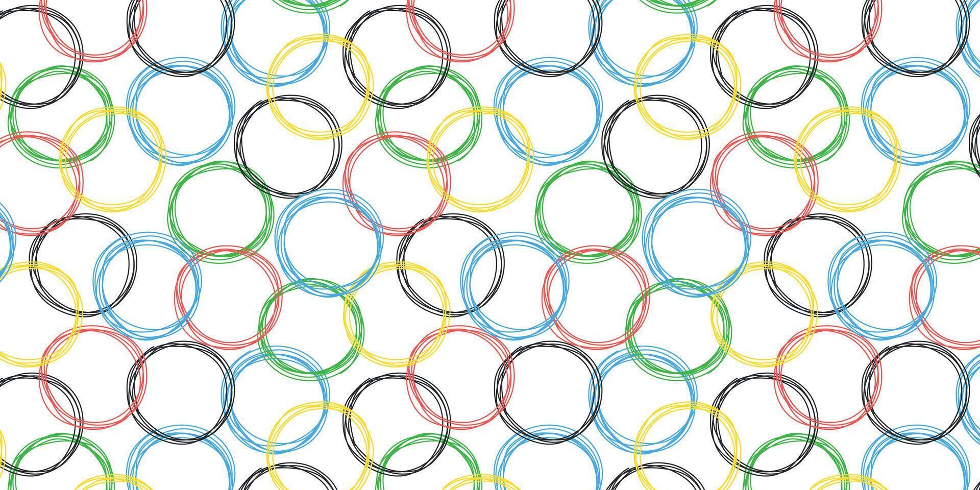 olympiska spel ringar klotter färgrik mönster. olympic spel 2024. paris, Frankrike - juni 2023. hand dragen cirklar skiss. vektor för kläder, bakgrund, skriva ut, paket, omslag.