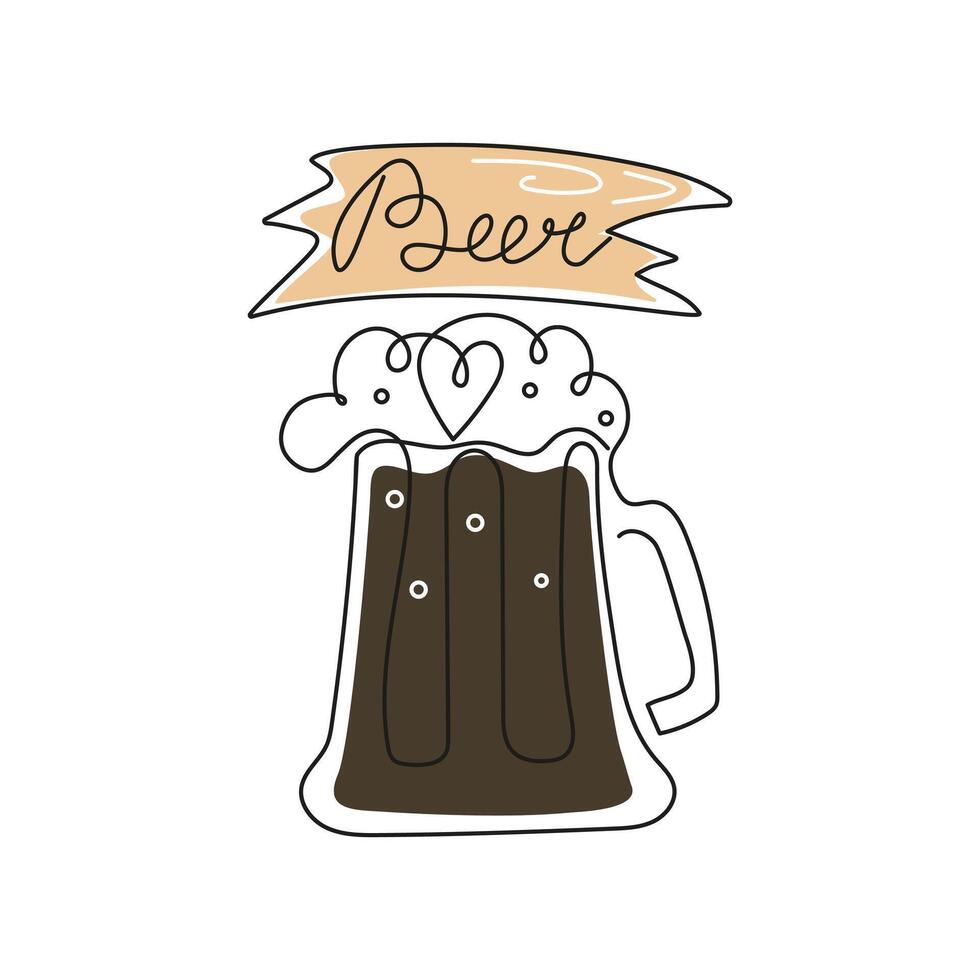 National Bier Tag. Urlaub, trinken, Bier im Bier Becher. Linie Kunst. hölzern Zeichen mit ein Inschrift. Kalligraphie, Kontur Zeichnung. Vektor Illustration, isoliert Hintergrund.