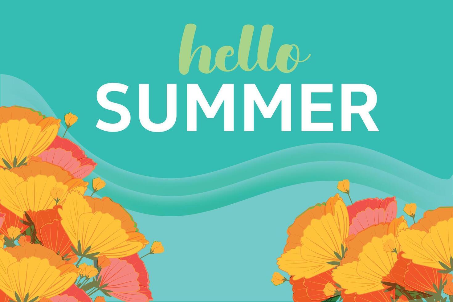 Hallo Sommer- Vektor horizontal Sommer- Banner. Blumen- Grün Hintergrund. Hand gezeichnet Blumen- Kunst Vorlage zum Banner, Plakate Dekor und Schöne Grüße