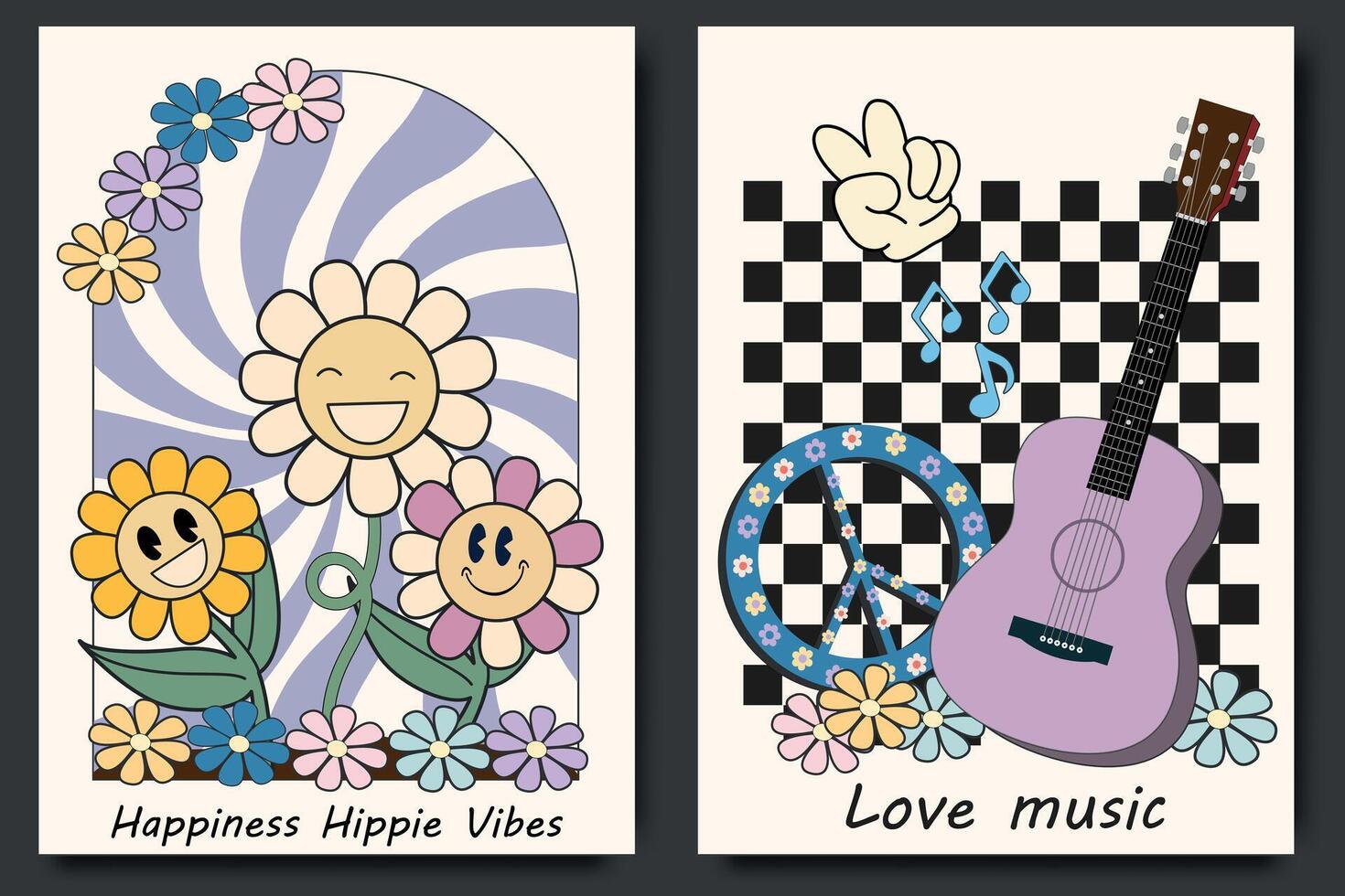 häftig hippie 70s posters kärlek musik. häftig hippie 70s affischer, retro vägg konst skriva ut med söt tecknade serier i trendig stil. komisk tecken i trendig retro 60s 70s stil vektor