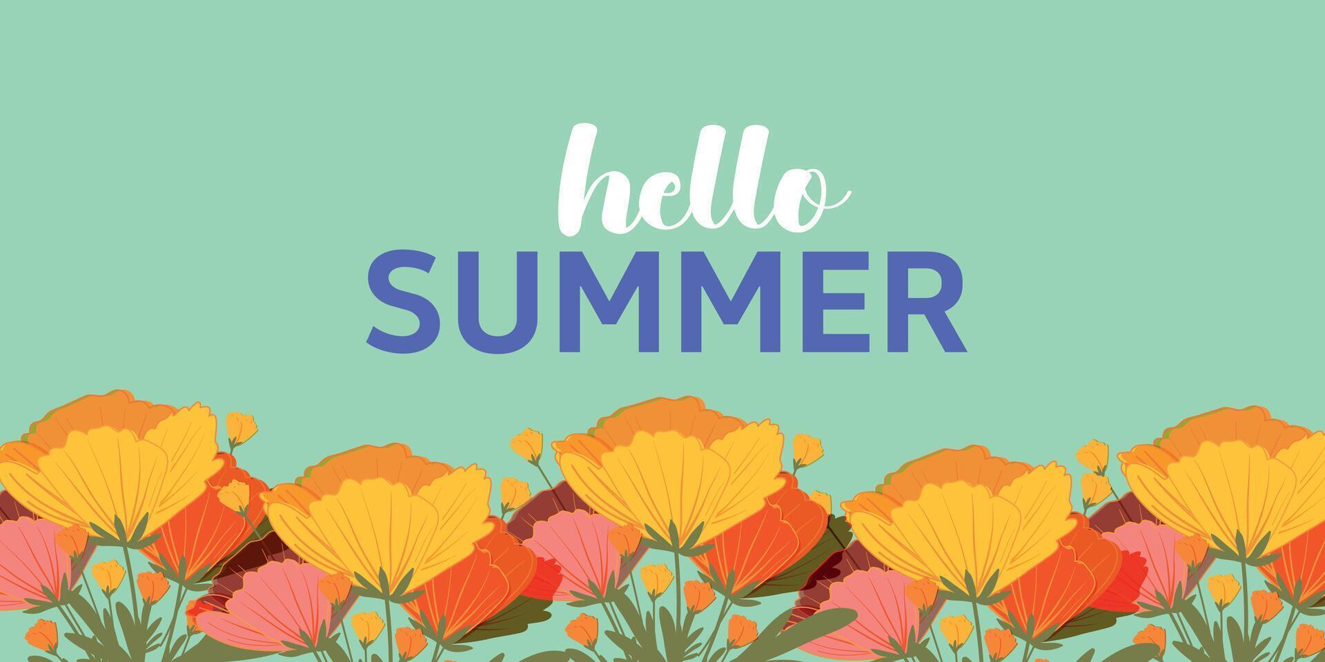 Hallo Sommer- Banner mit schön Hand gezeichnet Blumen, Grün im Pastell- Farben und modisch Typografie. Hand gezeichnet Blumen- Kunst Vorlage zum Banner, Plakate Dekor und Schöne Grüße vektor