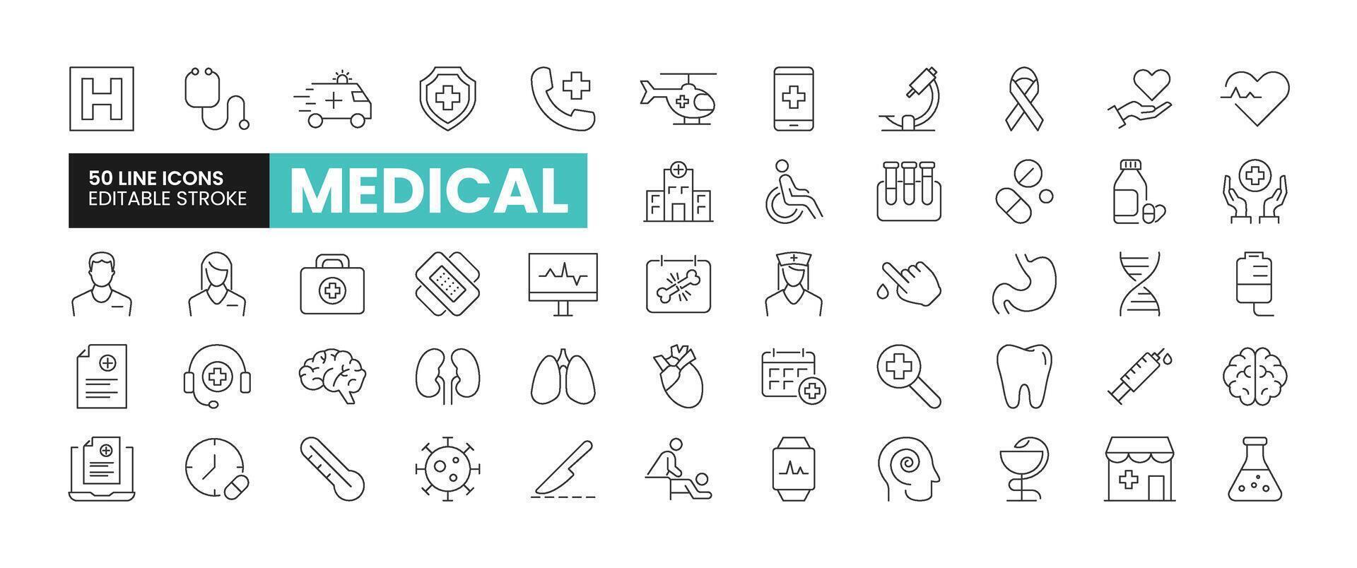 uppsättning av 50 medicinsk linje ikoner uppsättning. medicinsk översikt ikoner med redigerbar stroke samling. inkluderar sjukhus, ambulans, medicinsk utrustning, läkare, kirurgi, och Mer. vektor