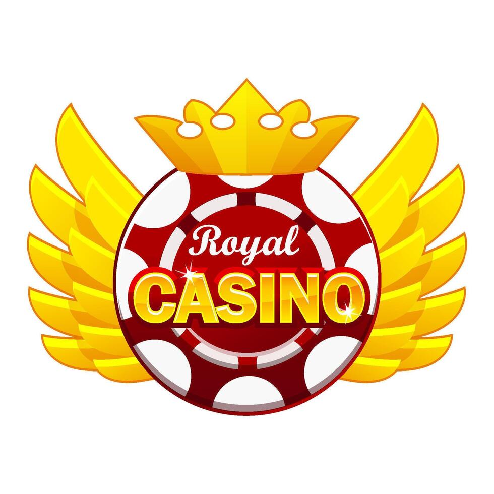 kasino ikon med gyllene vingar, krona, och poker chip. vektor