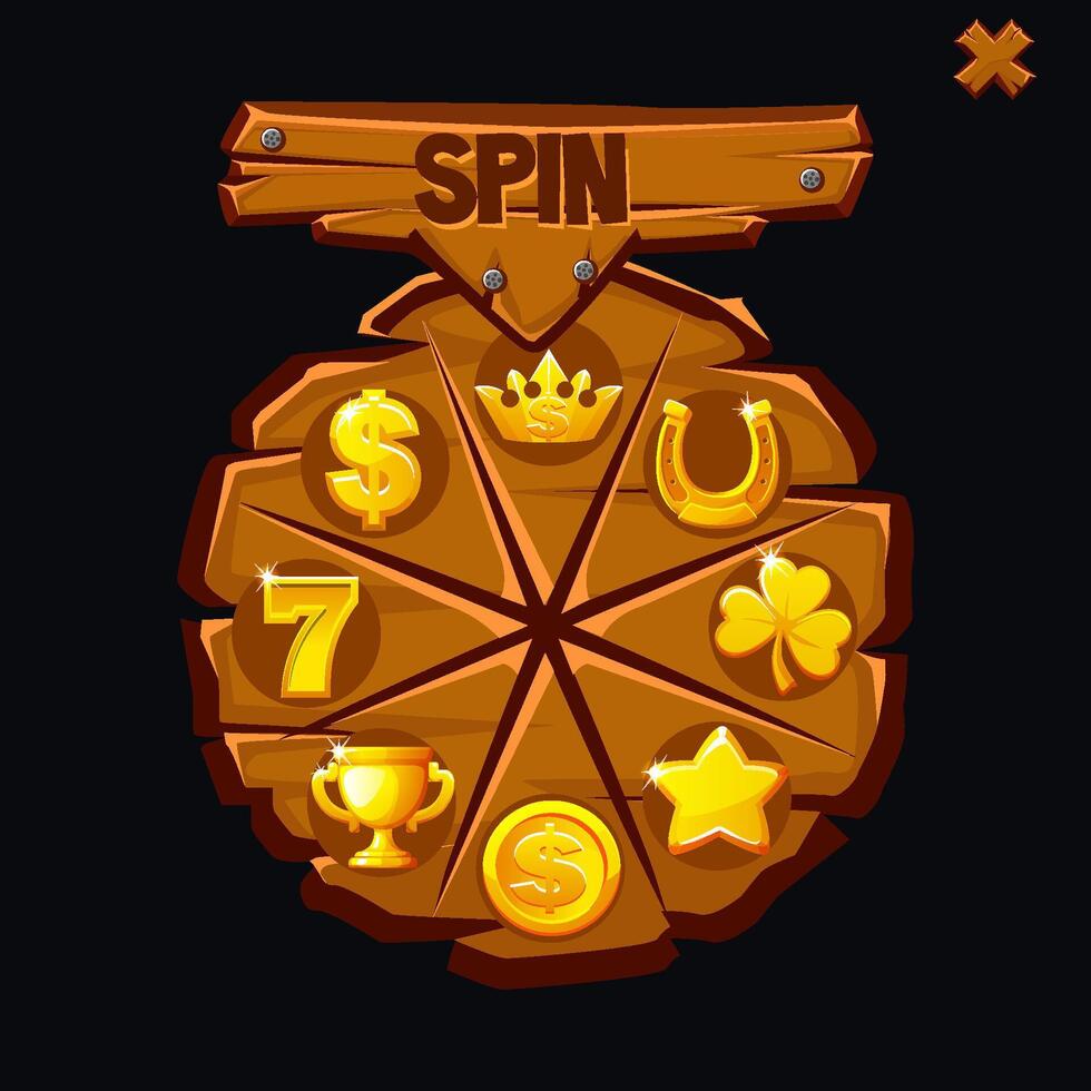 snurra spel användare gränssnitt design element. trä- tur- hjul eller kasino förmögenhet roulett dekorerad med gyllene ikoner vektor