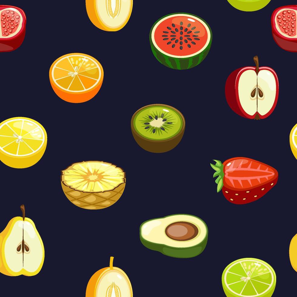 nahtlos Muster mit Hälfte Früchte und Beeren. Vektor Hintergrund.