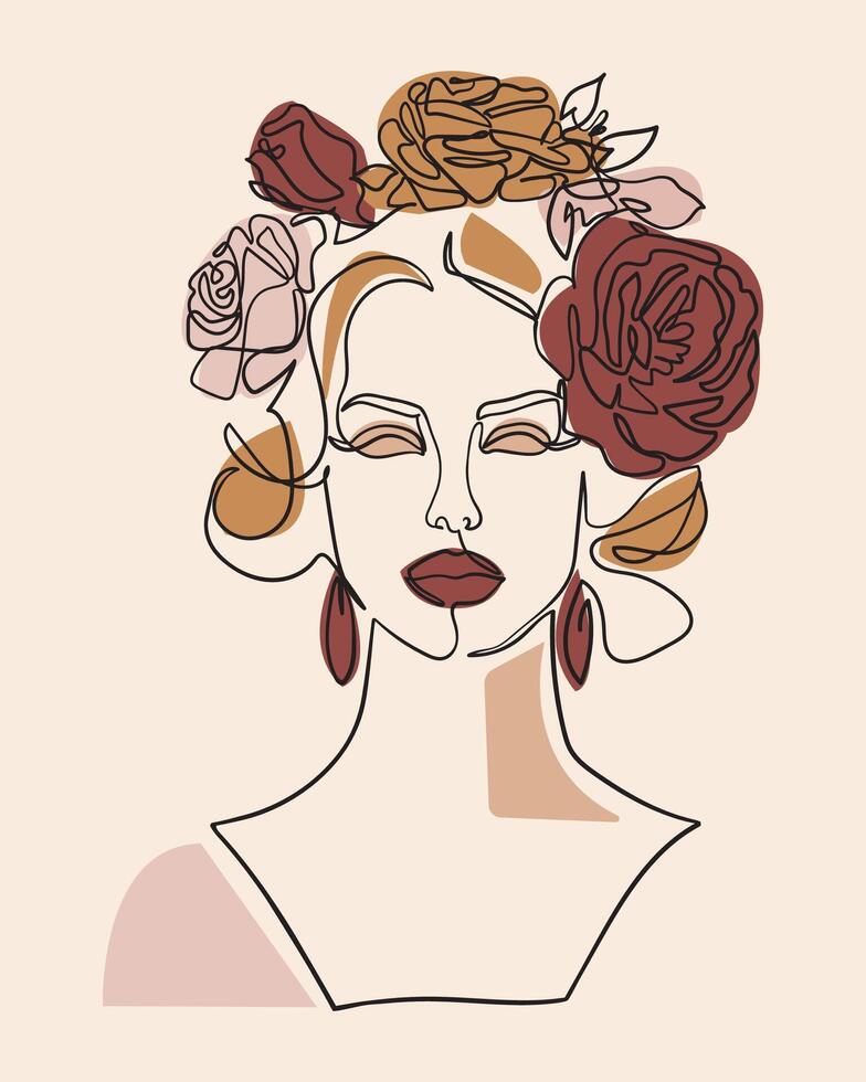 kvinna ansikte med blommor i henne hår, linje teckning konst. - vektor illustration