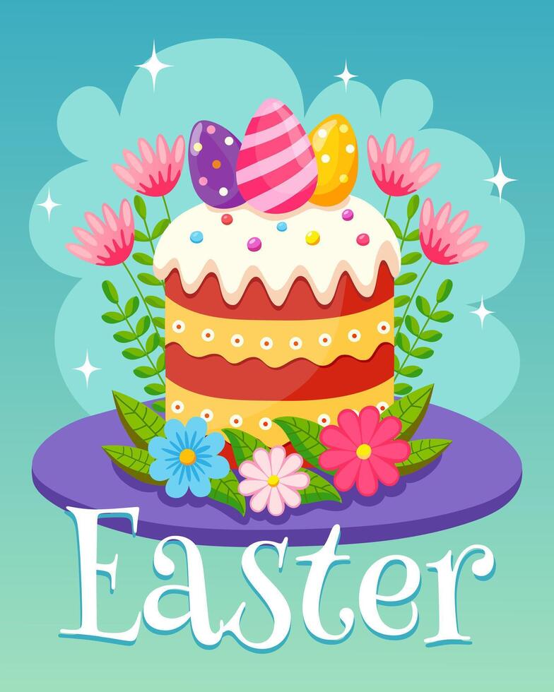 påsk kaka med ägg och blommor. vibrerande vektor illustration av ett påsk kaka Utsmyckad med ägg och vår blommor på en glad bakgrund. hälsning kort, affisch, Semester bakgrund.