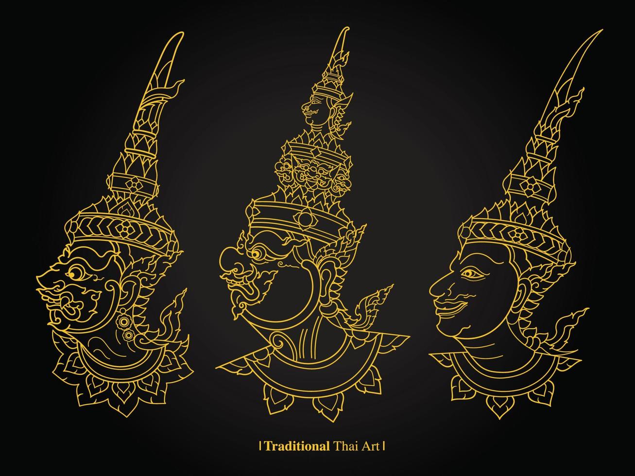 traditionelle thailändische Kunst, Malerei Vektor schwarzer Hintergrund