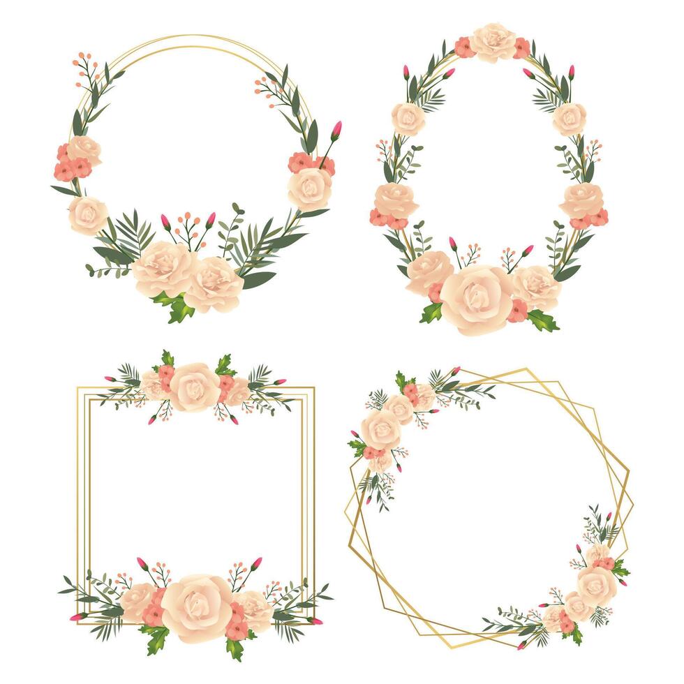 blommig ramkollektion. uppsättning söta retroblommor arrangerade en form av kransen perfekt för bröllopsinbjudningar och födelsedagskort vektor