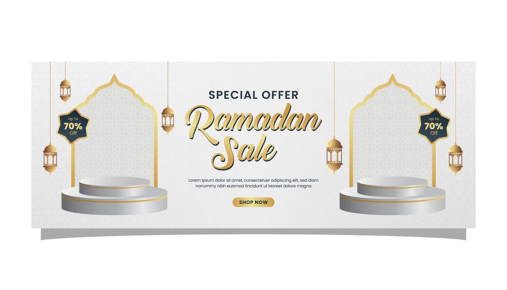 ramadan kareem försäljning baner islamic rena bakgrund med tömma Plats för Foto produkt och podium vektor