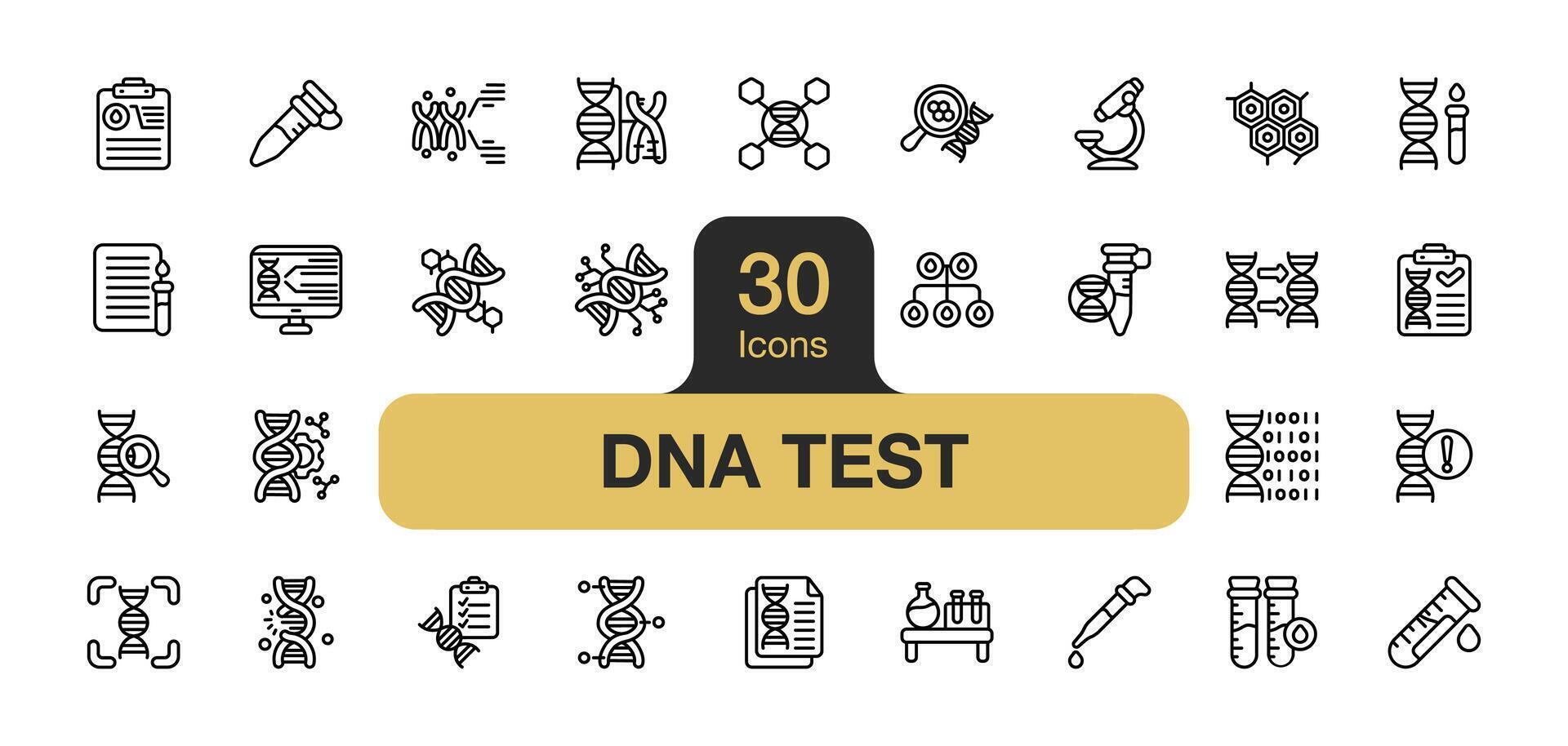 einstellen von 30 DNA Prüfung Symbol Element setzt. beinhaltet Prüfung Rohr, Mikroskop, genetisch Code, Stichprobe Sammlung, Labor, Pipette, und mehr. Gliederung Symbole Vektor Sammlung.