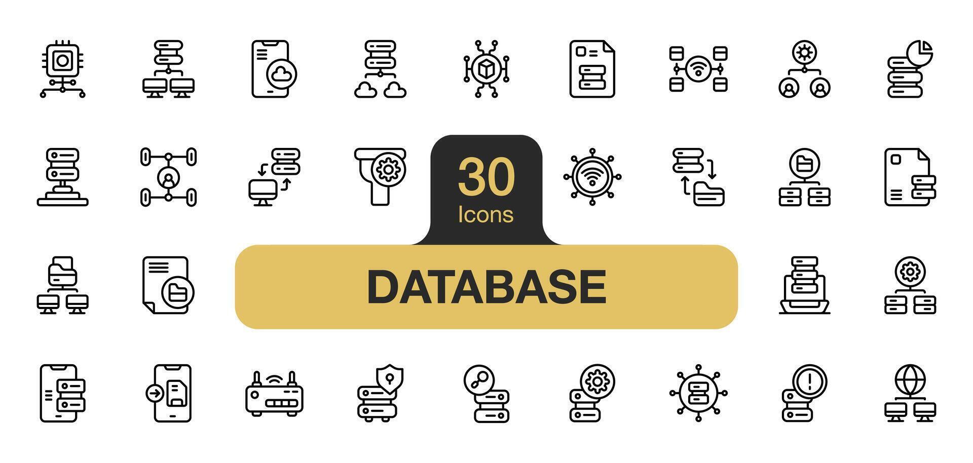 einstellen von 30 Datenbank Symbol Element setzt. beinhaltet Daten Bericht, Server, Netz Gastgeber, Daten Lagerung, Daten Server, Cluster, Router, und mehr. Gliederung Symbole Vektor Sammlung.