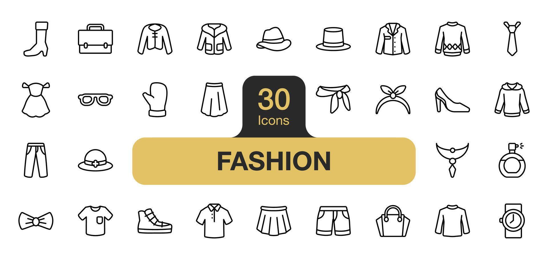 einstellen von 30 Mode Symbol Element Satz. beinhaltet binden, Kleid, Shirt, Pullover, Jeans, Kapuzenpullover, und mehr. Gliederung Symbole Vektor Sammlung.