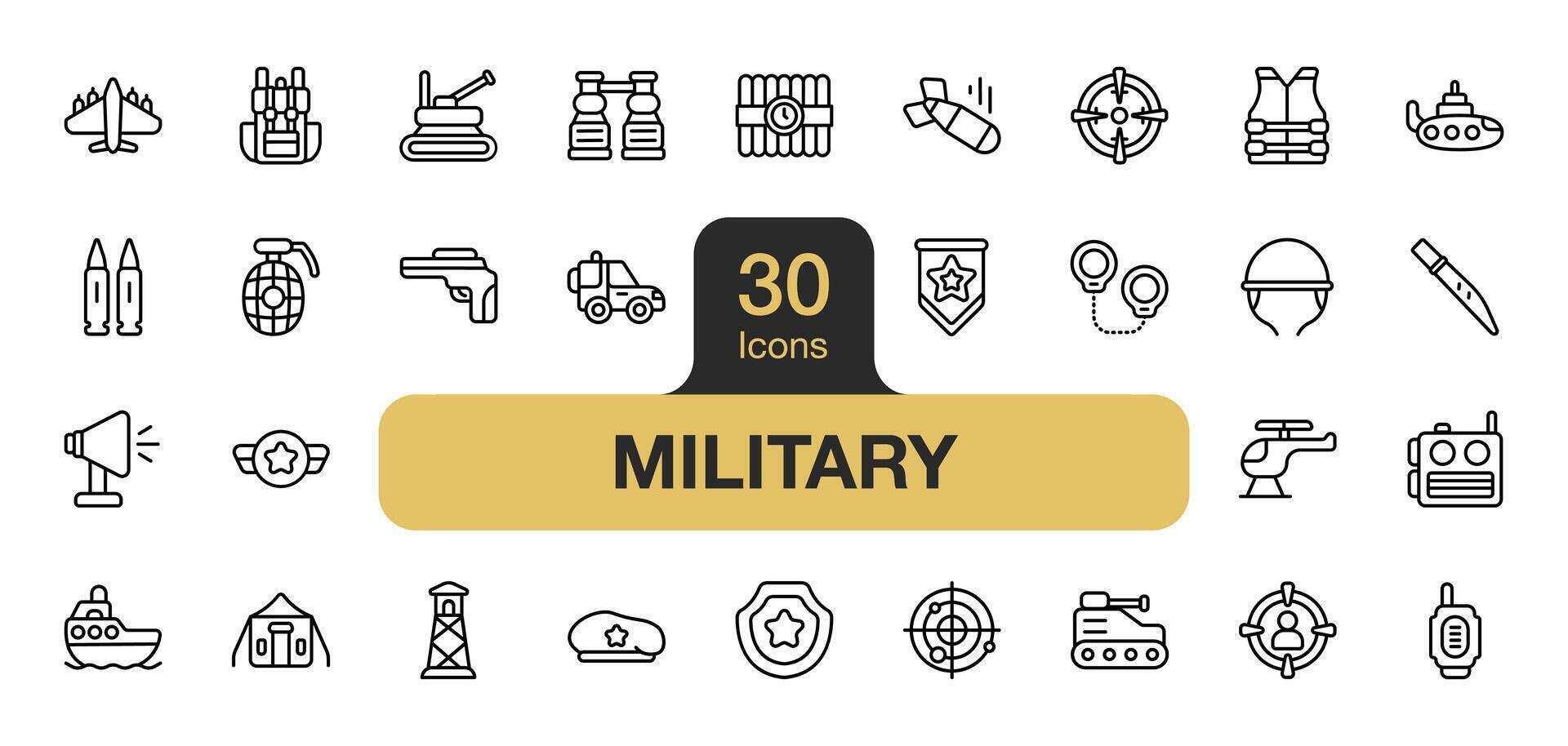 einstellen von 30 Militär- Symbol Element Satz. beinhaltet Messer, Panzer, Pistole, Bombe, U-Boot, Ebene, und mehr. Gliederung Symbole Vektor Sammlung.