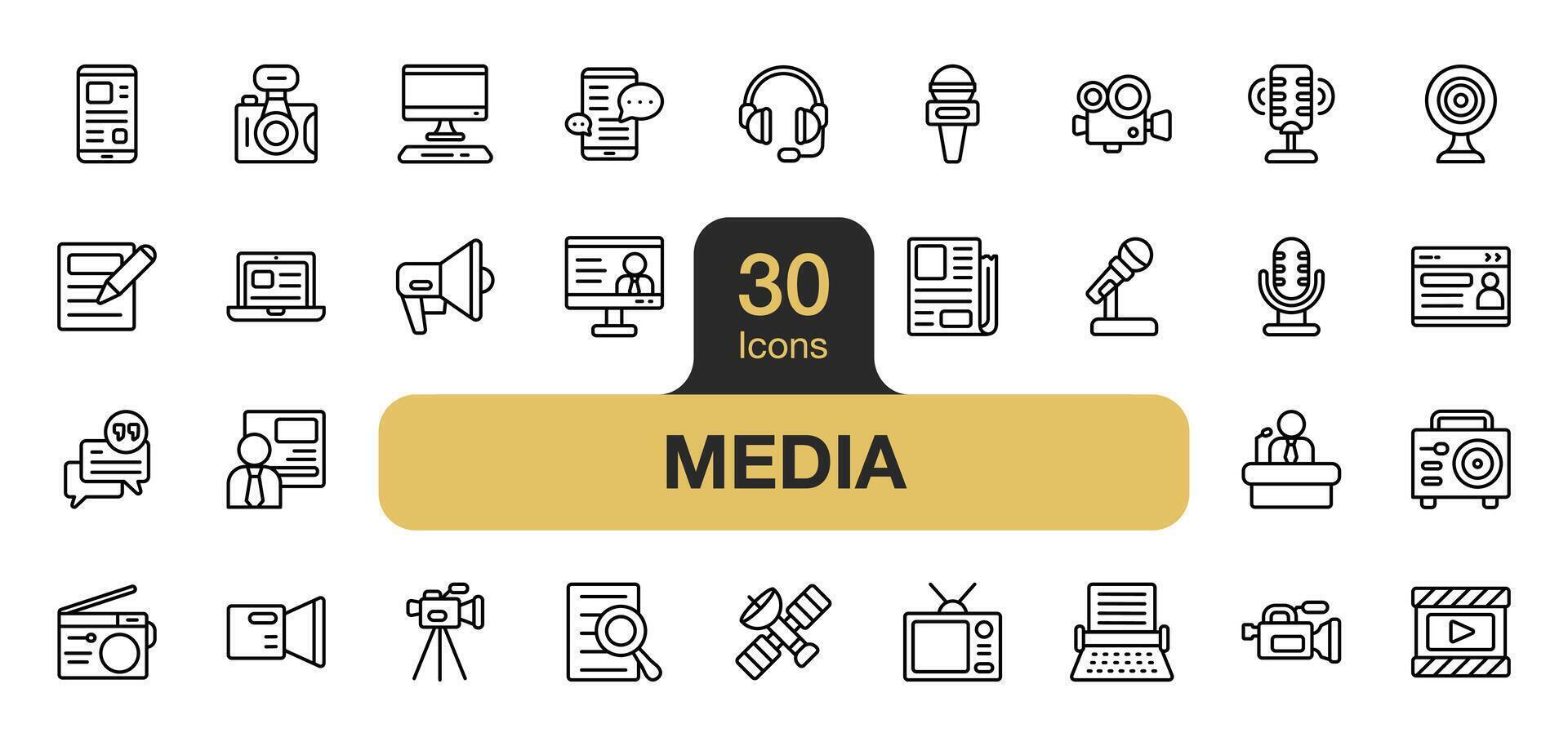 einstellen von 30 Medien Symbol Element Satz. beinhaltet Kamera, Radio, Aufzeichnung, Video, Nachricht, und mehr. Gliederung Symbole Vektor Sammlung.