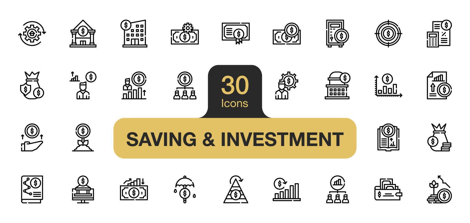 einstellen von 30 Speichern und Investition Symbol Element setzt. beinhaltet Manager, Kaution, Banken, Management, profitieren, Geld, Einkommen, und mehr. Gliederung Symbole Vektor Sammlung.