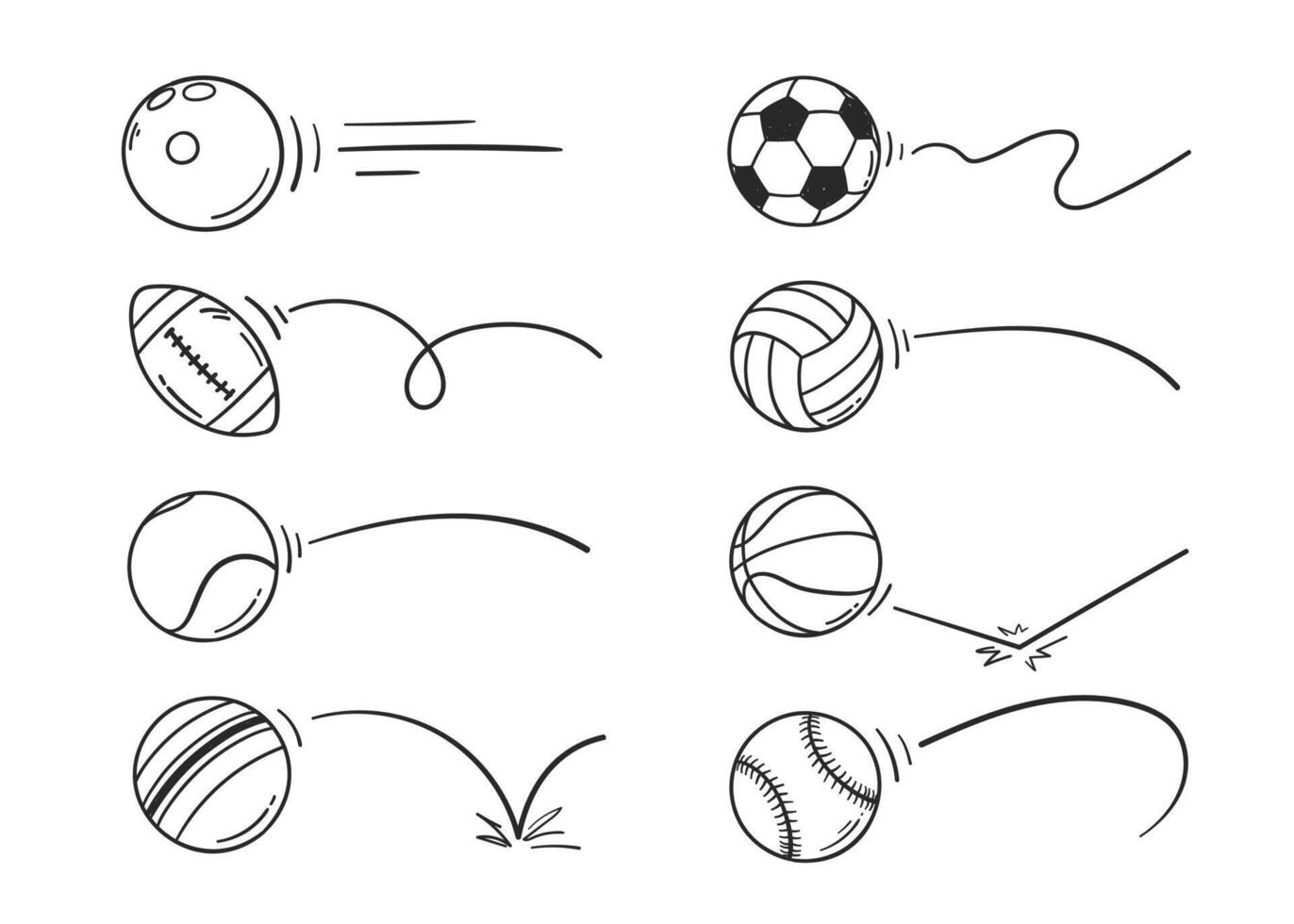 hand dragen klotter sporter boll studsa tillbaka uppsättning vektor illustration