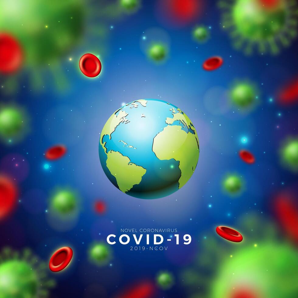 covid19. coronavirus epidemi design med virus och blod celler och jord på blå bakgrund. vektor 2019-ncov korona virus illustration mall på farlig sars utbrott tema för PR