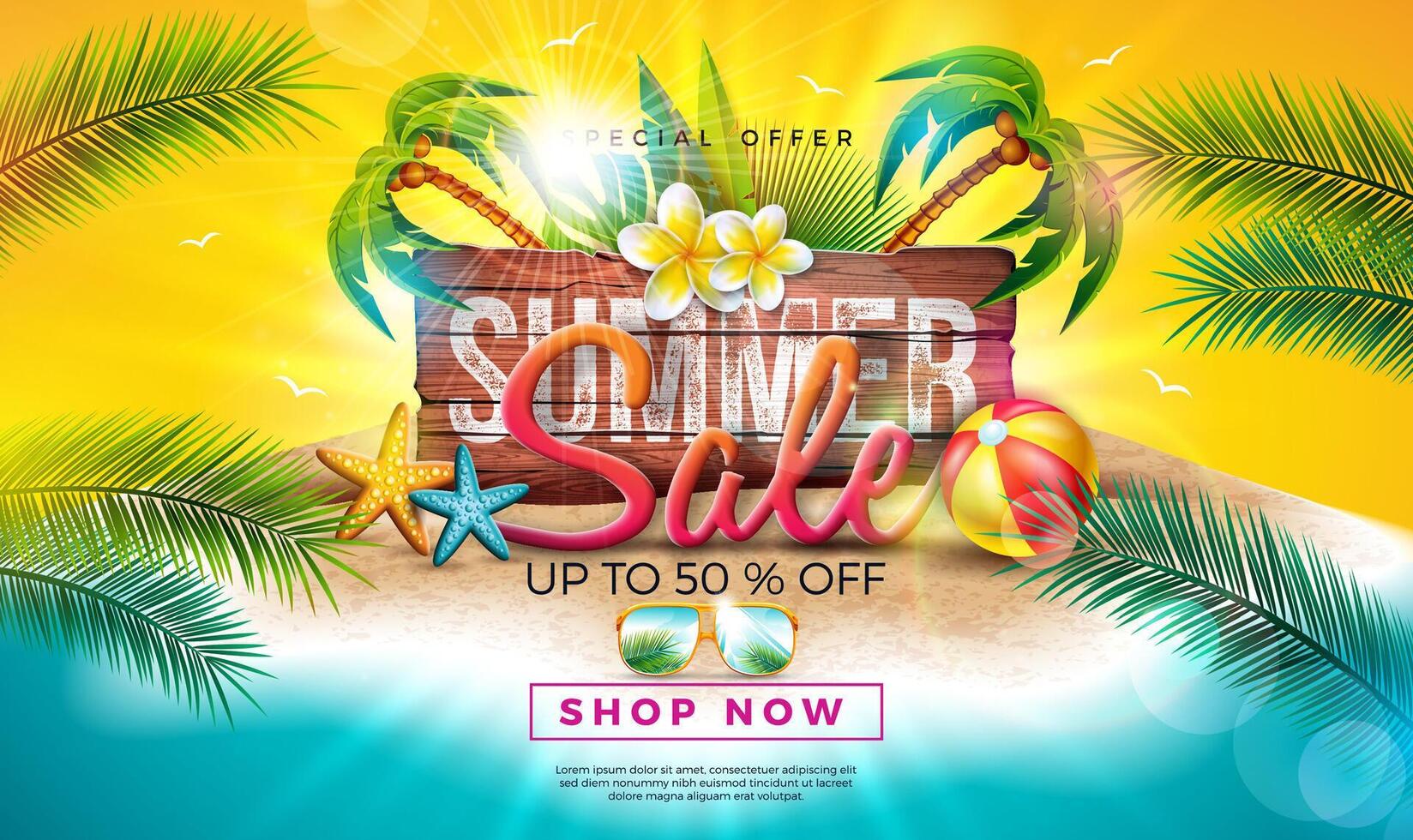 Sommer- Verkauf Design mit Blume, exotisch Palme Blätter und Typografie Brief auf Jahrgang Holz Tafel. tropisch Vektor Besondere Angebot Illustration auf Ozean Landschaft Hintergrund zum Coupon, Gutschein, Banner