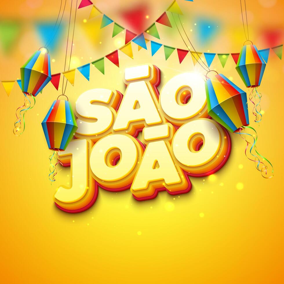 festa junina illustration med fest flaggor och papper lykta på gul bakgrund. vektor Brasilien juni sao joao festival design med 3d text för hälsning kort, baner, inbjudan eller Semester affisch