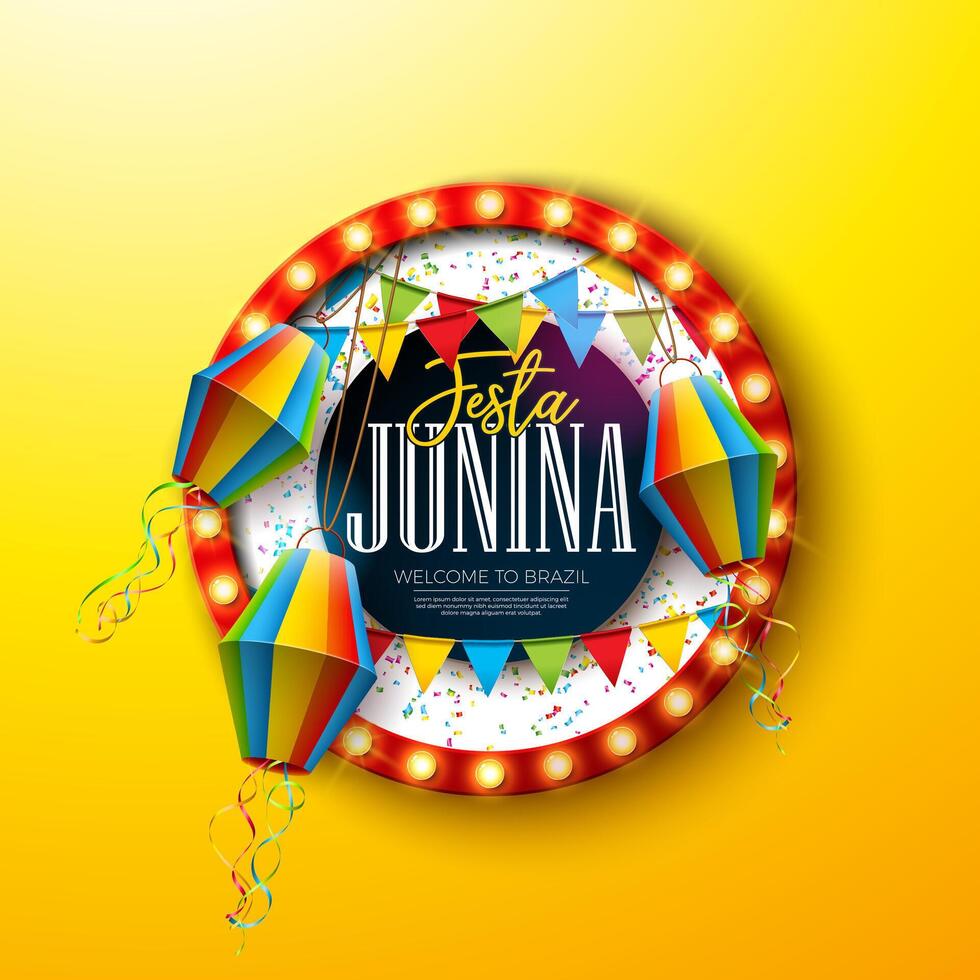 festa junina illustration med fest flaggor, papper lykta och ljus Glödlampa anslagstavla på gul bakgrund. vektor Brasilien juni festival design för hälsning kort, baner eller Semester affisch.