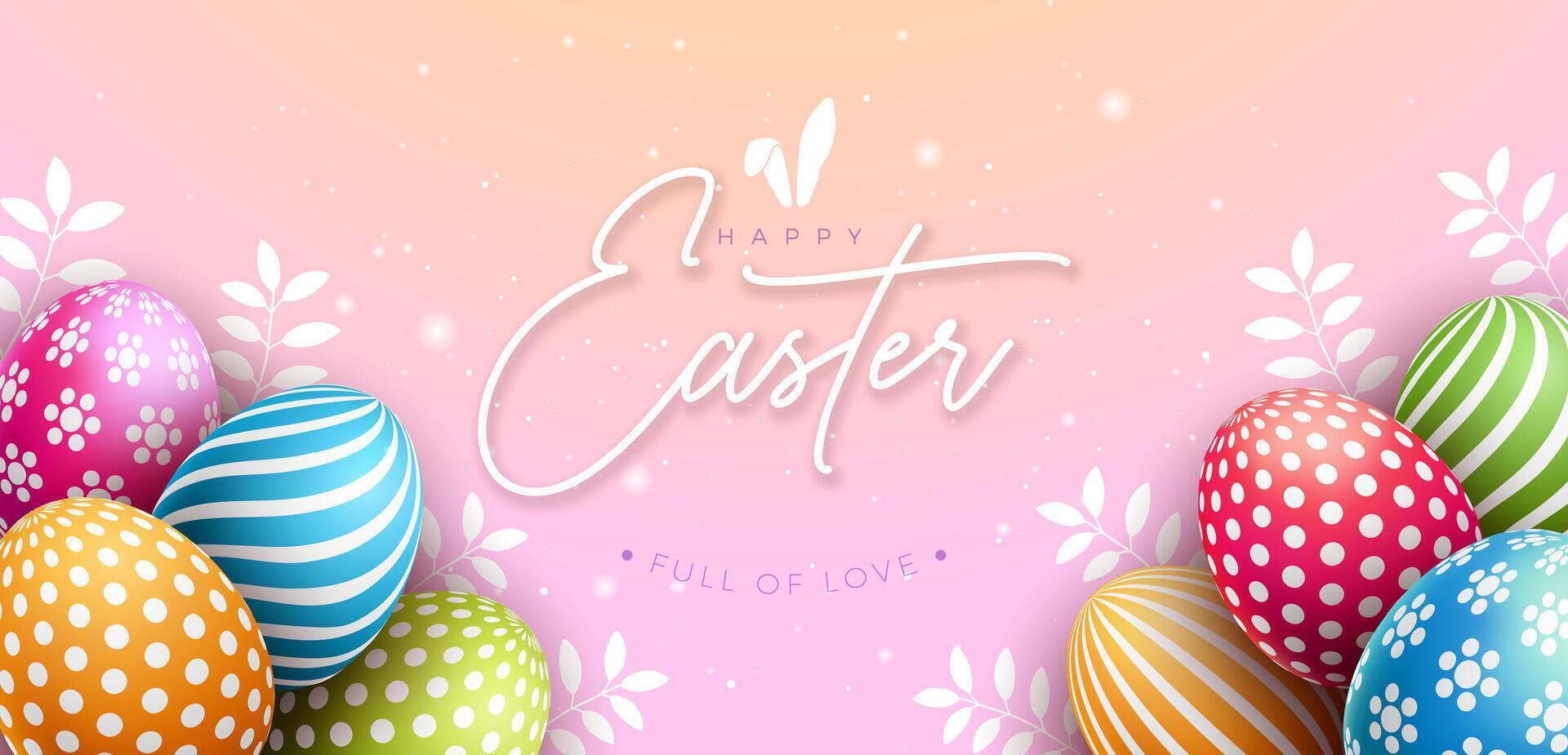 glücklich Ostern Banner Design mit bunt gemalt Ei und Typografie Beschriftung auf Licht Rosa Hintergrund. International Christian religiös Feier Urlaub Banner Design zum Gruß Karte oder Party vektor