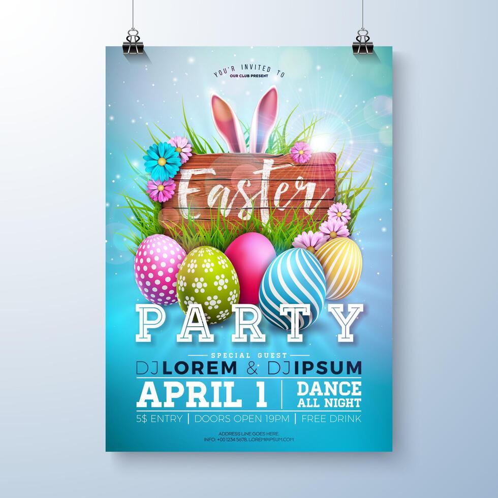 Ostern Party Flyer Illustration mit gemalt Eier, Hase Ohren und Blumen auf Himmel Blau Hintergrund. Vektor Frühling religiös Urlaub Feier Poster Design Vorlage zum Banner oder Einladung.