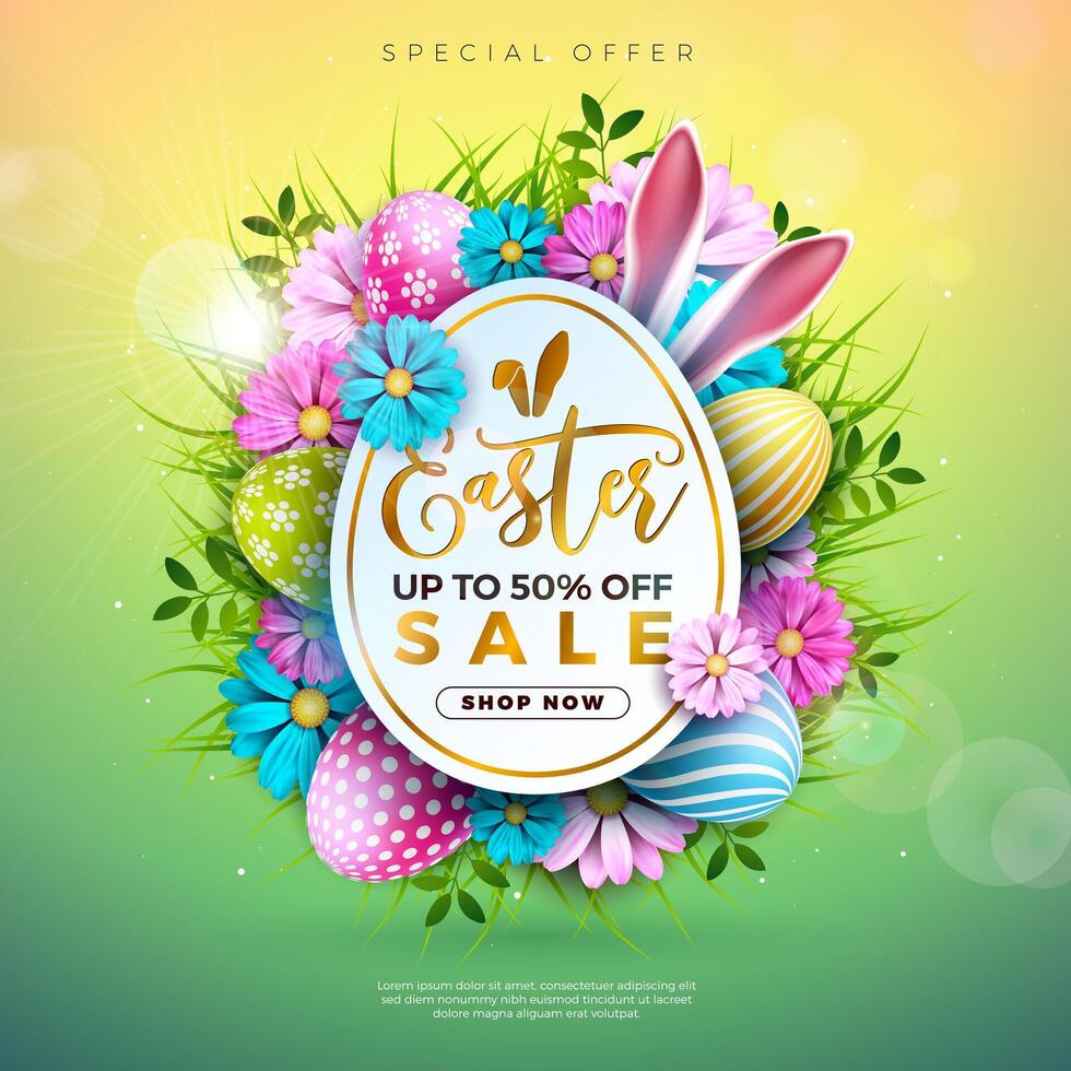 Ostern Verkauf Illustration mit Farbe gemalt Ei, Frühling Blume und Hase Ohren auf Grün Hintergrund. Vektor Urlaub Feier Design Vorlage zum Coupon, Banner, Gutschein oder Werbung Poster.