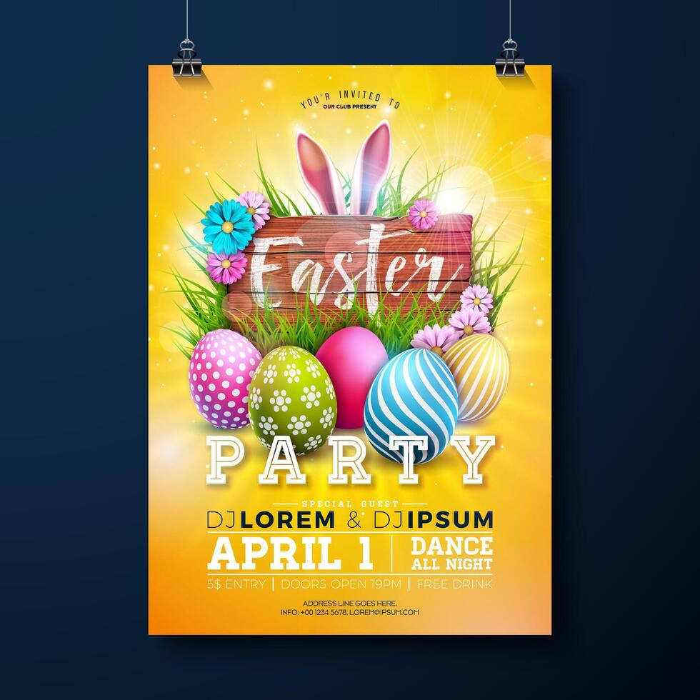 Ostern Party Flyer Illustration mit gemalt Eier, Hase Ohren und Blumen auf Natur Gelb Hintergrund. Vektor Frühling religiös Urlaub Feier Poster Design Vorlage zum Banner oder Einladung.
