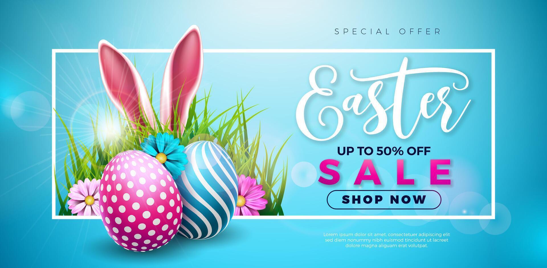 Ostern Verkauf Illustration mit Farbe gemalt Ei, Frühling Blume und Hase Ohren auf Blau Hintergrund. Vektor Urlaub Feier Design Vorlage zum Coupon, Banner, Gutschein oder Werbung Poster.