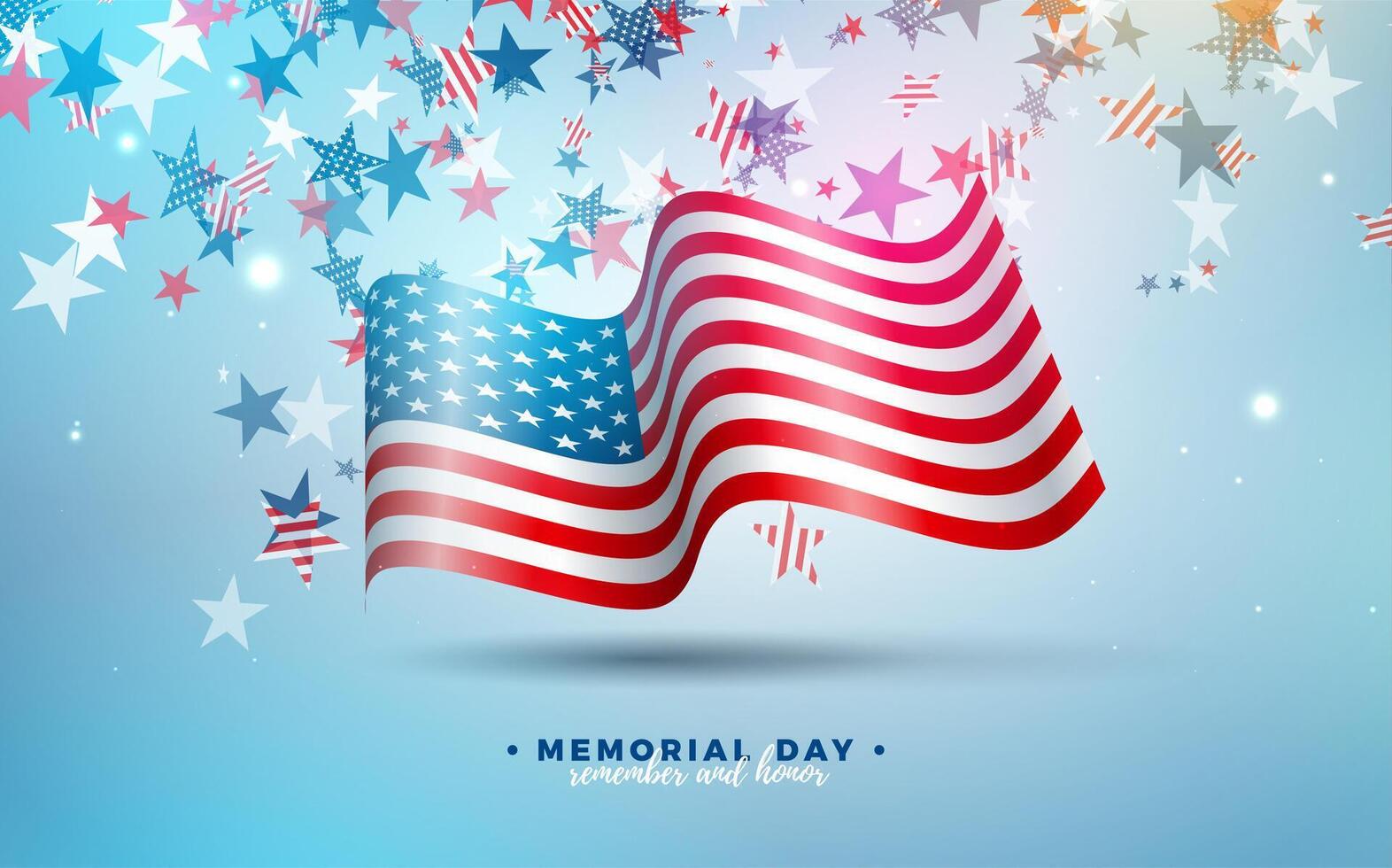 minnesmärke dag av de USA vektor design mall med amerikan flagga på faller färgrik stjärna bakgrund. nationell patriotisk firande illustration för baner, hälsning kort, inbjudan eller Semester