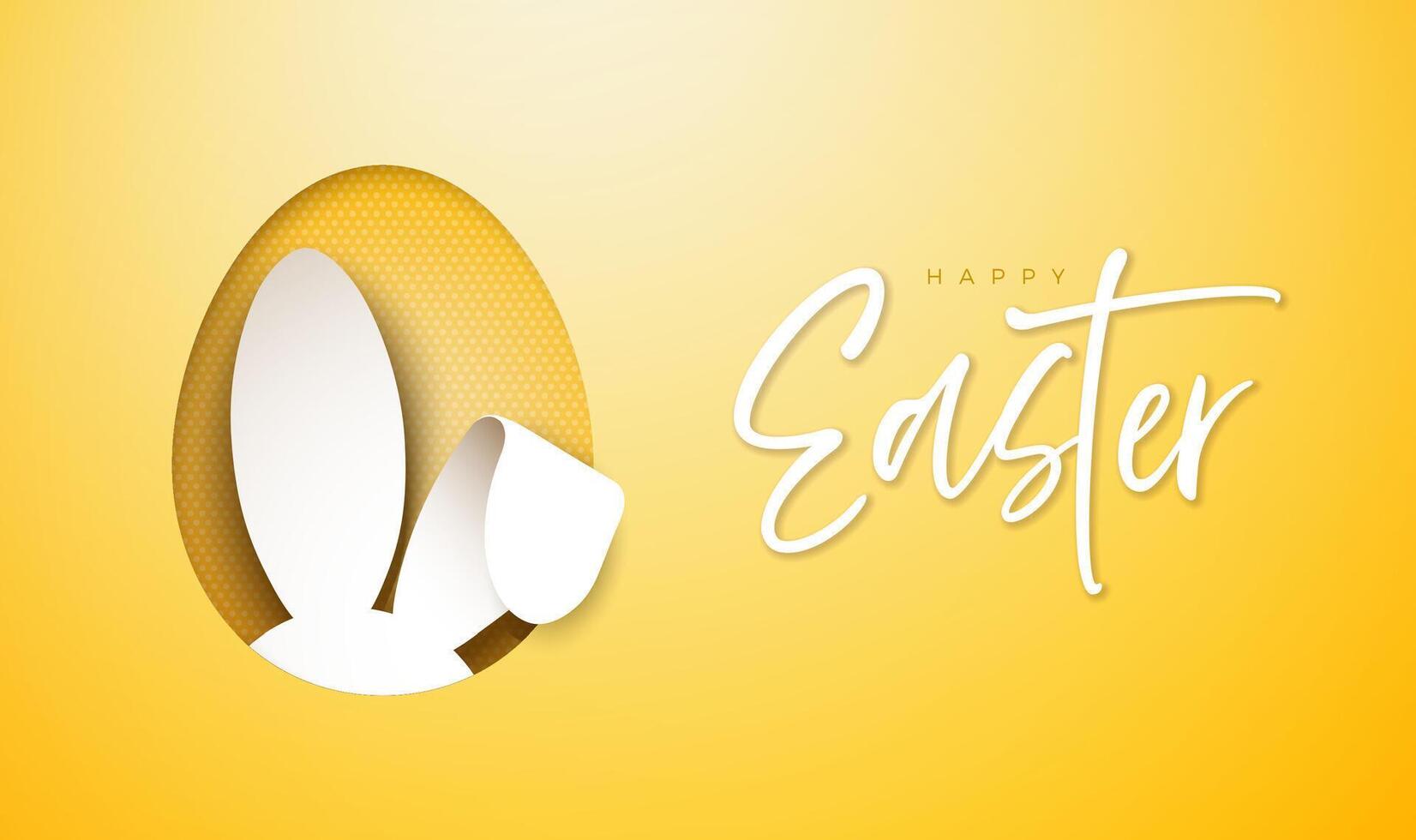 Lycklig påsk Semester illustration med ägg och kanin silhuett på Sol gul bakgrund. internationell religiös firande baner design med typografi text för hälsning kort eller fest vektor