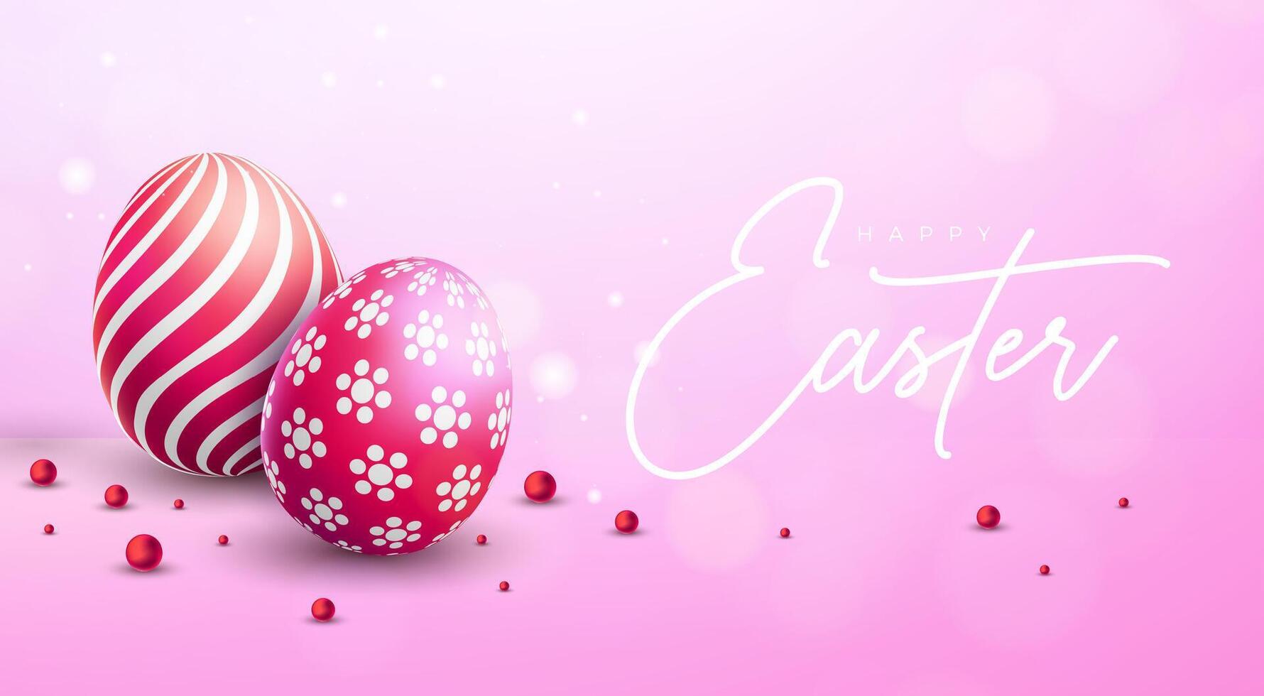 glücklich Ostern Urlaub Banner Design mit bunt Ei und Typografie Beschriftung auf Licht Rosa Hintergrund. International Christian religiös Feier Banner Design zum Gruß Karte oder Party vektor