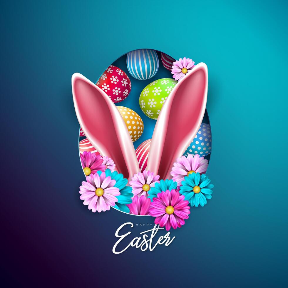 glücklich Ostern Urlaub Design mit Blume, bunt gemalt Ei und Hase Ohren auf Blau Hintergrund. Vektor Illustration von International religiös Feier mit Typografie zum Gruß Karte oder Banner