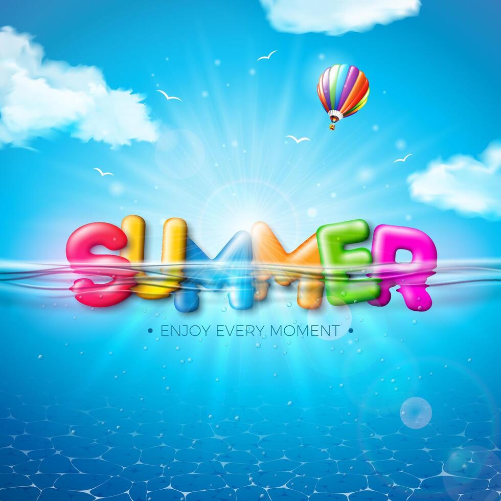 Vektor Sommer- Illustration mit bunt 3d Typografie Brief auf unter Wasser Blau Ozean Hintergrund. realistisch Sommer- Ferien Urlaub Design zum Banner, Flyer, Einladung, Broschüre, Poster oder Gruß