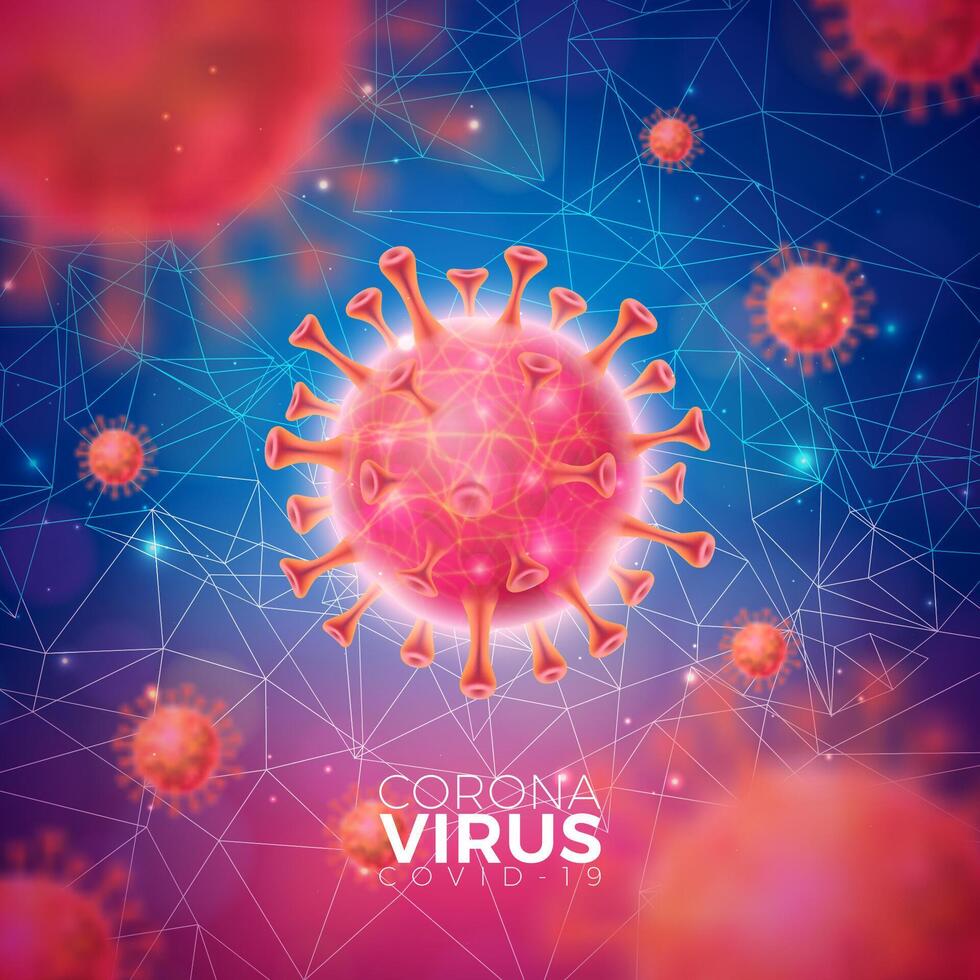 COVID-19. Coronavirus Ausbruch Design mit rot Virus Zelle im mikroskopisch Aussicht auf Blau Hintergrund. Vektor Illustration Vorlage auf gefährlich sars Epidemie Thema zum Werbung Banner oder Flyer.