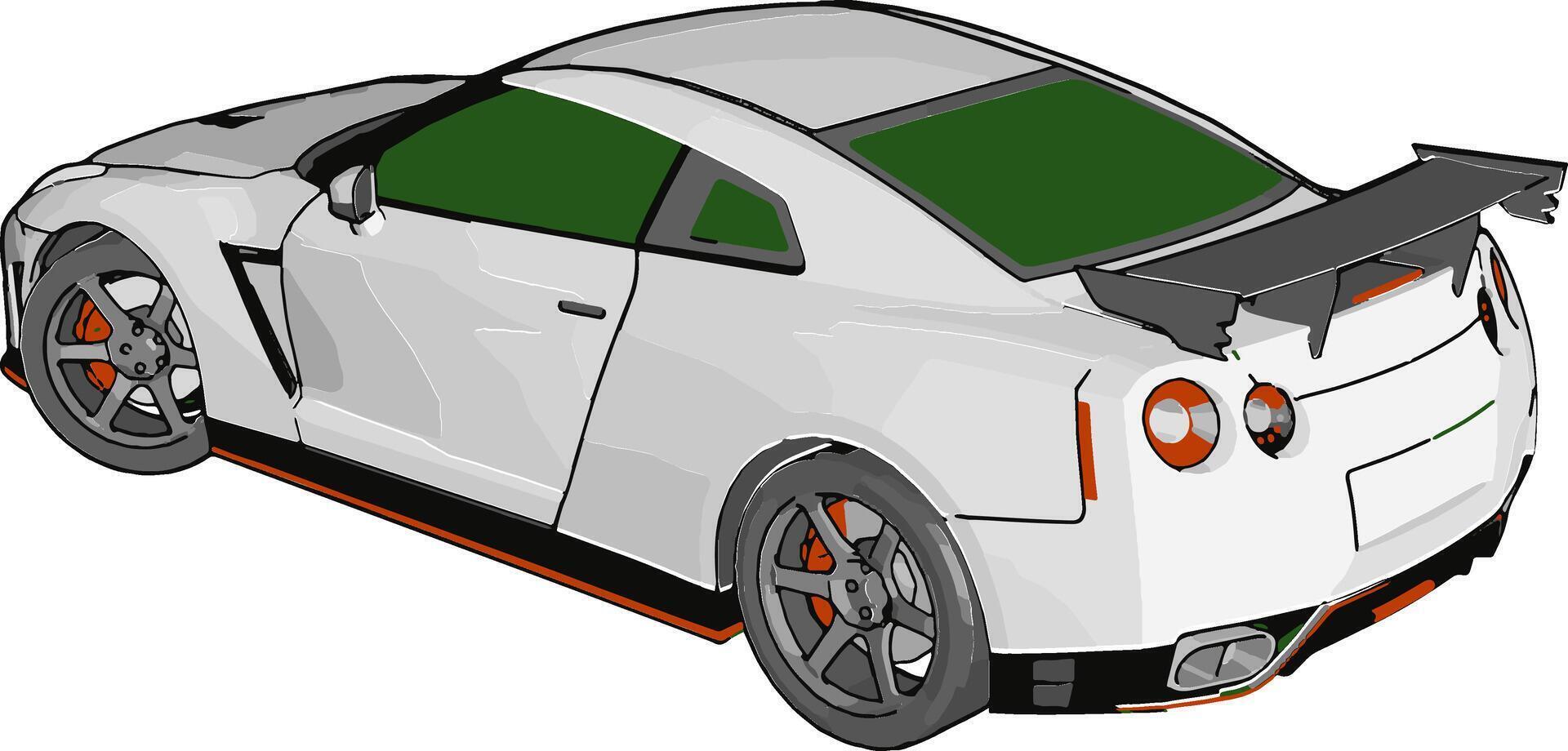 Weiß Rennen Auto mit Grün Fenster und Orange Details und grau Rückseite Spoiler Vektor Illustration auf Weiß Hintergrund