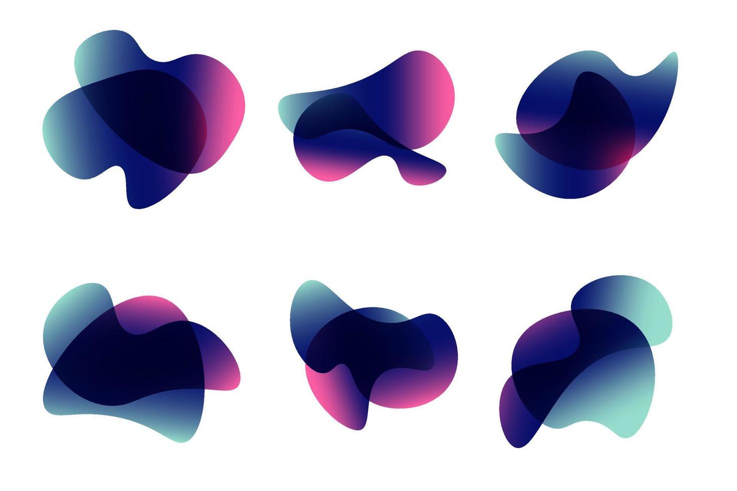 Satz isolierter Blu-, grün-roter Flüssigkeitskleckse, grüner und violetter Flüssigkeitsflecken mit Farbverlauf. abstrakte 3D-Pinselspachtel für Posterdesign oder Flyer-Hintergrund, Banner-Vorlage. geometrische Formen mit dynamischen Farben vektor