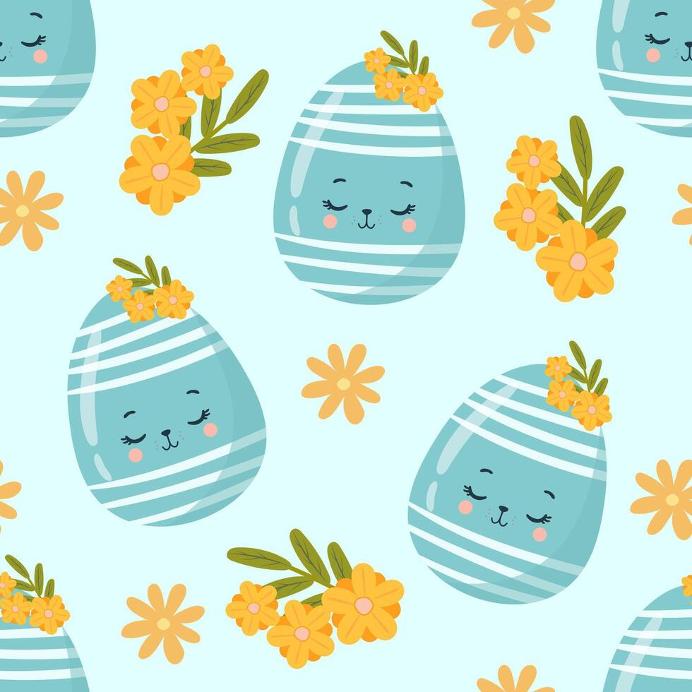 nahtlos Muster Ostern mit Blumen Cartoons Eier mit süß Gesichter vektor