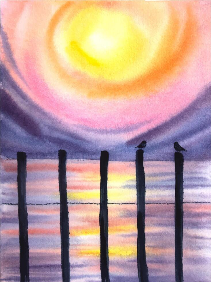 Hand gemalt Aquarell Sonnenuntergang mit zwei Vögel. Aquarell Sonnenuntergang malen. vektor