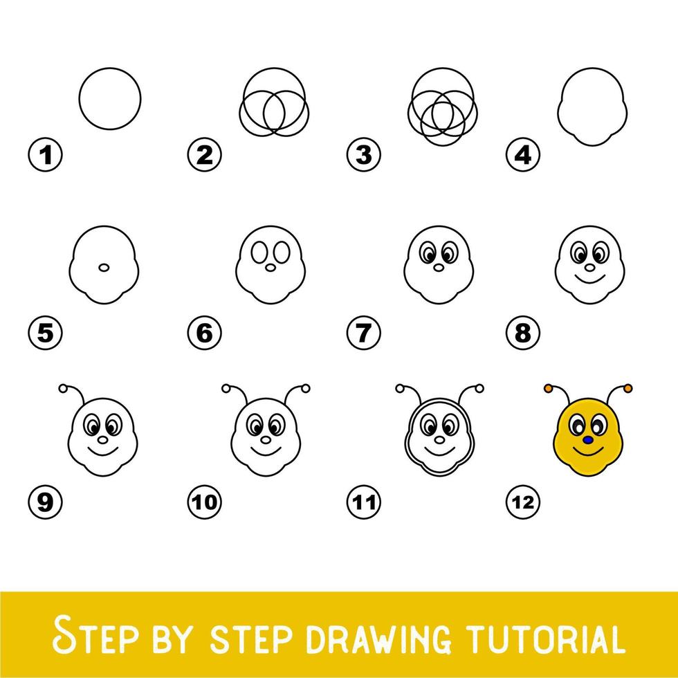 Kinderspiel zum Entwickeln von Zeichenfähigkeiten mit einfachem Spielniveau für Kinder im Vorschulalter, pädagogisches Tutorial zum Zeichnen für Bienengesicht vektor