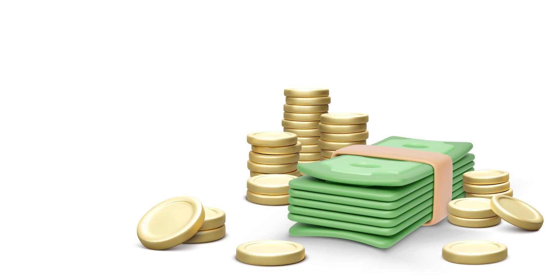 stack av pengar i 3d realistisk tecknad serie stil. grön dollar räkningar och guld mynt isolerat på vit bakgrund. företag objekt för baner. vektor illustration