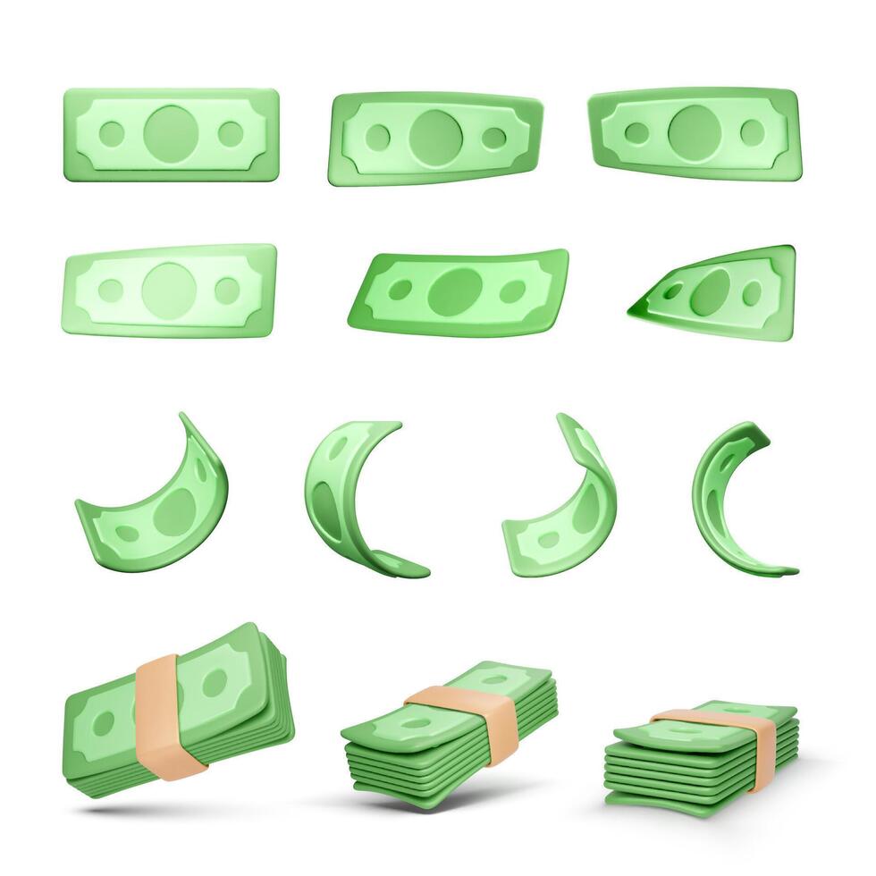 realistisk pengar uppsättning. samling av 3d grön dollar isolerat på vit bakgrund. vriden papper räkningar och stack av valuta sedlar. företag och finansiera objekt för baner design. vektor